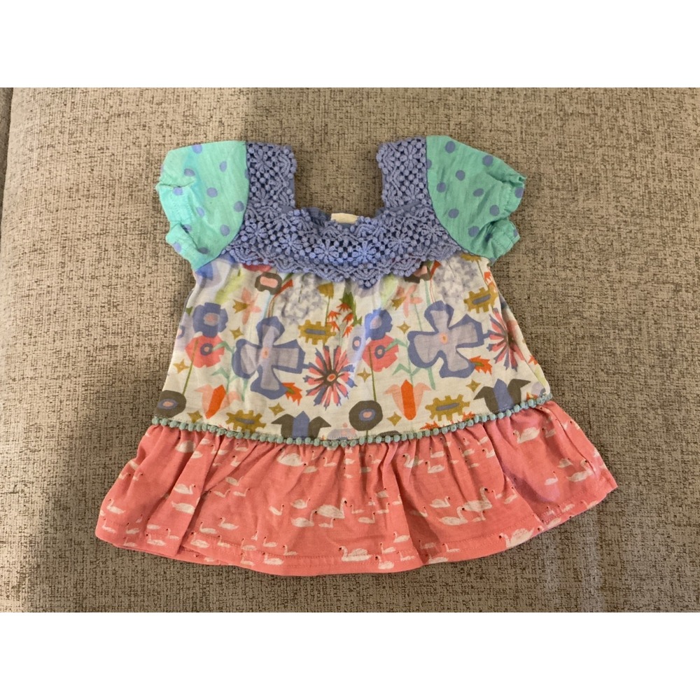 Matilda Jane Baby Girls Floral Swan Print Tunic Top Crochet Lace 12M 18M 24M
